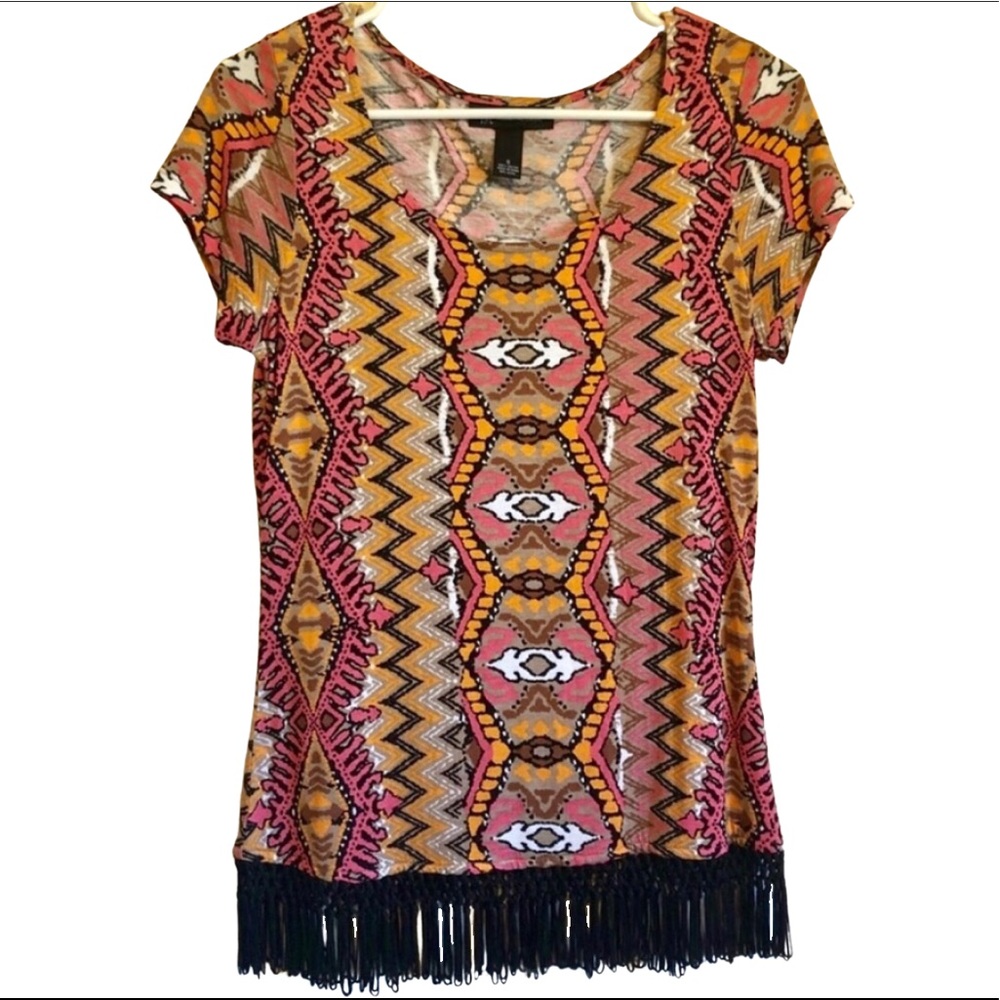 INC | NWT Tribal Print Fringe Top